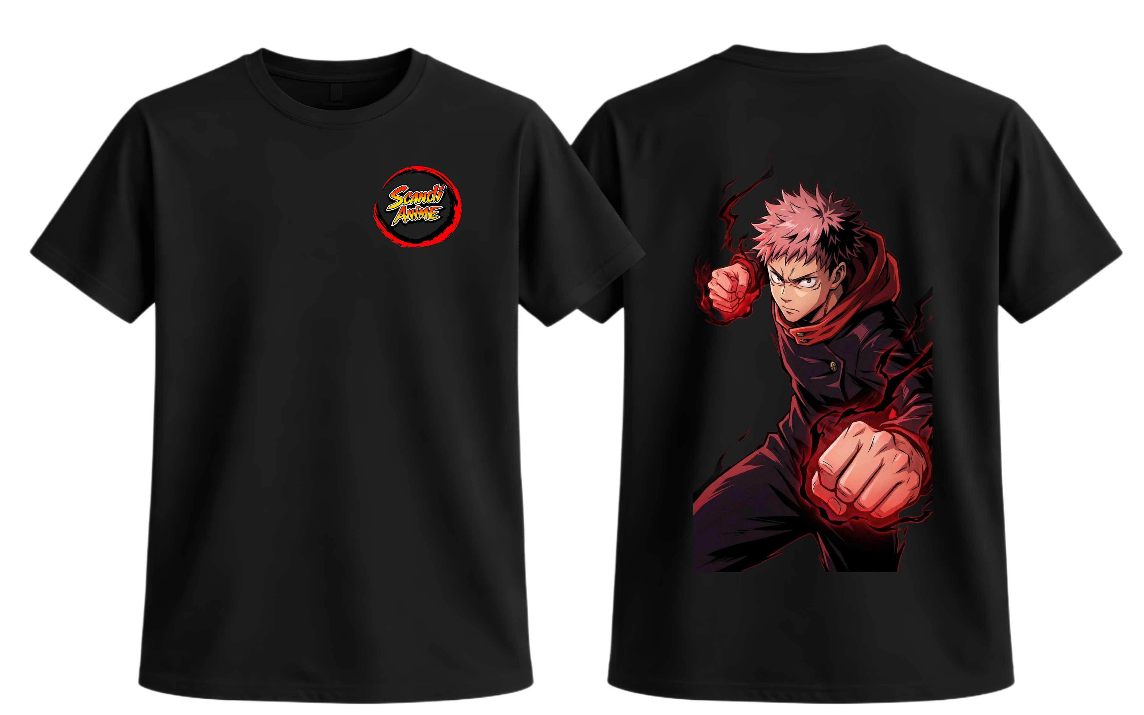 Black Yuji T-Shirt by ScandiAnime featuring a comfortable fit and bold graphic design on the front.