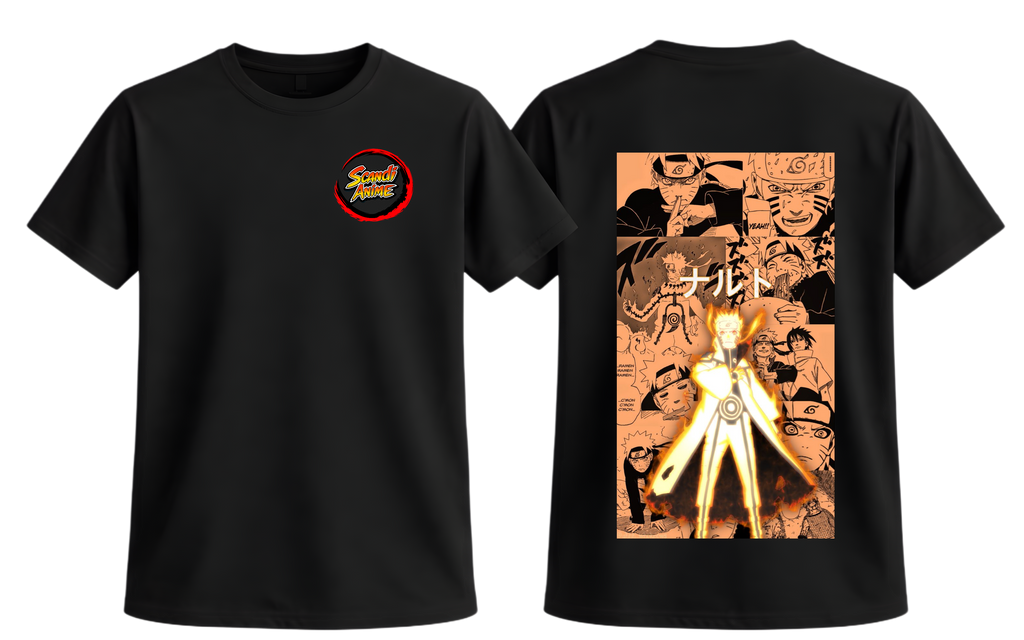 Black Naruto T-Shirt by ScandiAnime featuring Naruto Uzumaki illustration on the front.