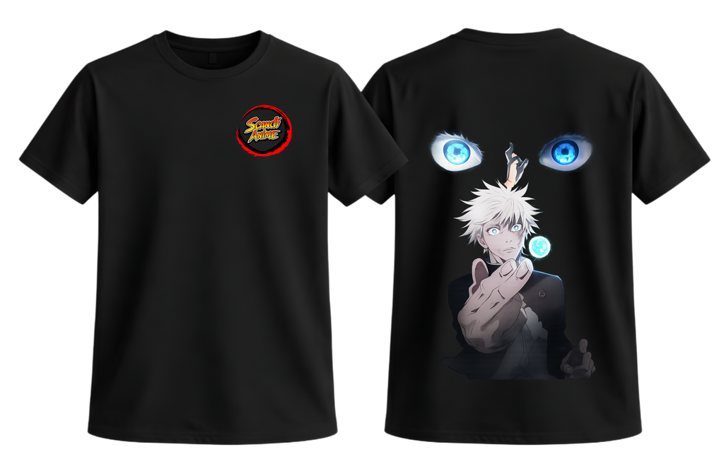 Black Satoru Gojo T-Shirt from ScandiAnime featuring a detailed graphic design of the character.