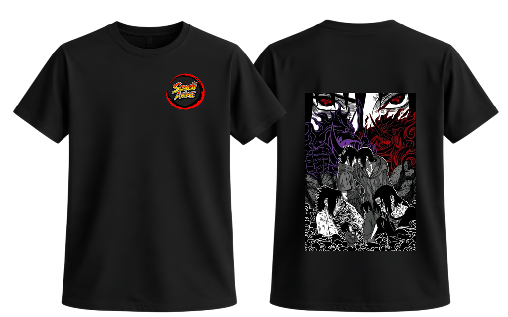 Black Sasuke and Itachi T-Shirt from ScandiAnime featuring graphic artwork of the Naruto characters on the front.