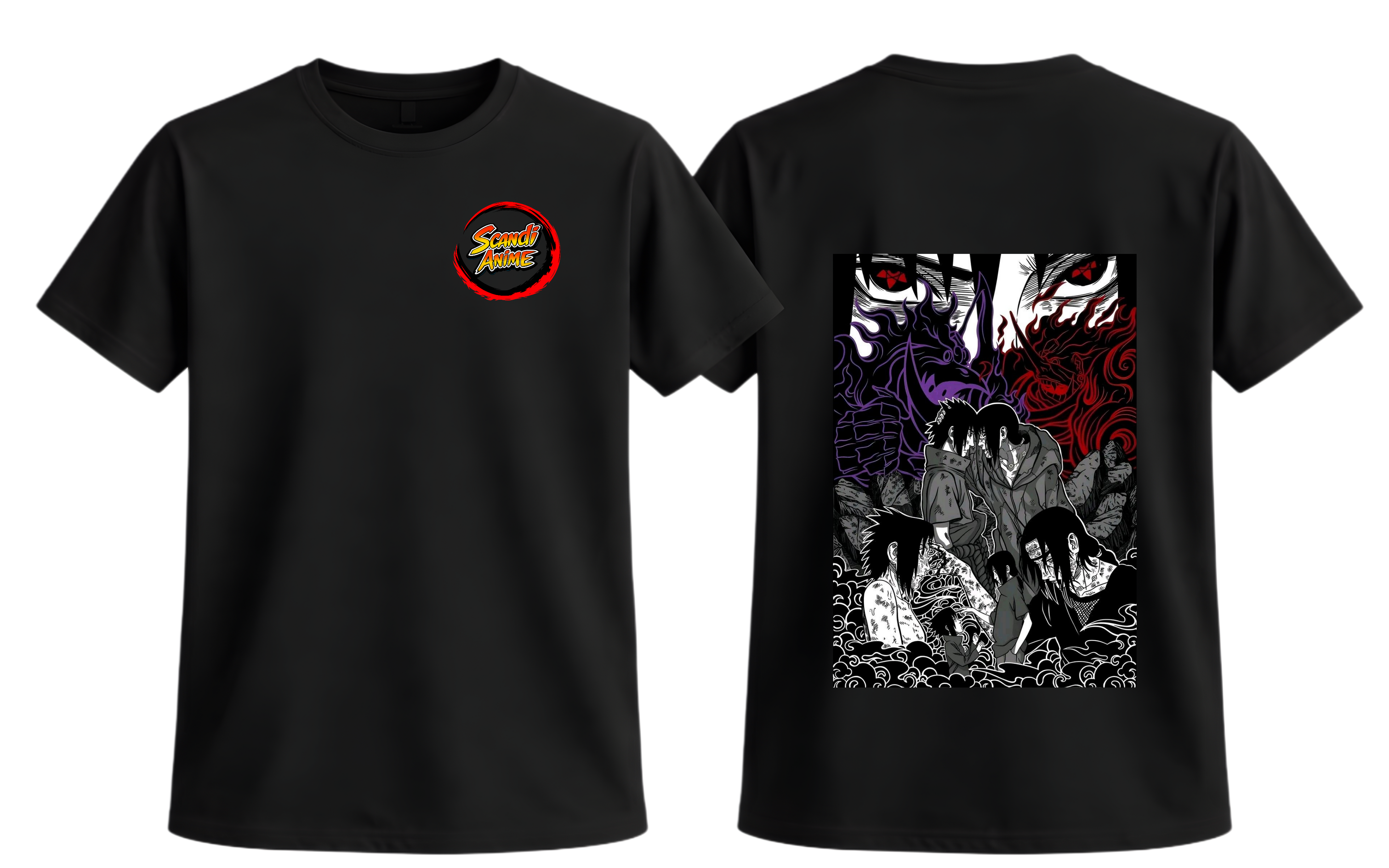 Black Sasuke and Itachi T-Shirt from ScandiAnime featuring graphic artwork of the Naruto characters on the front.