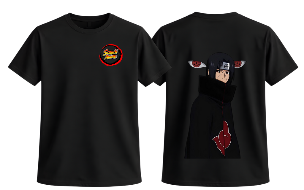 Black Itachi T-Shirt by ScandiAnime featuring a detailed graphic of the Naruto character Itachi Uchiha.