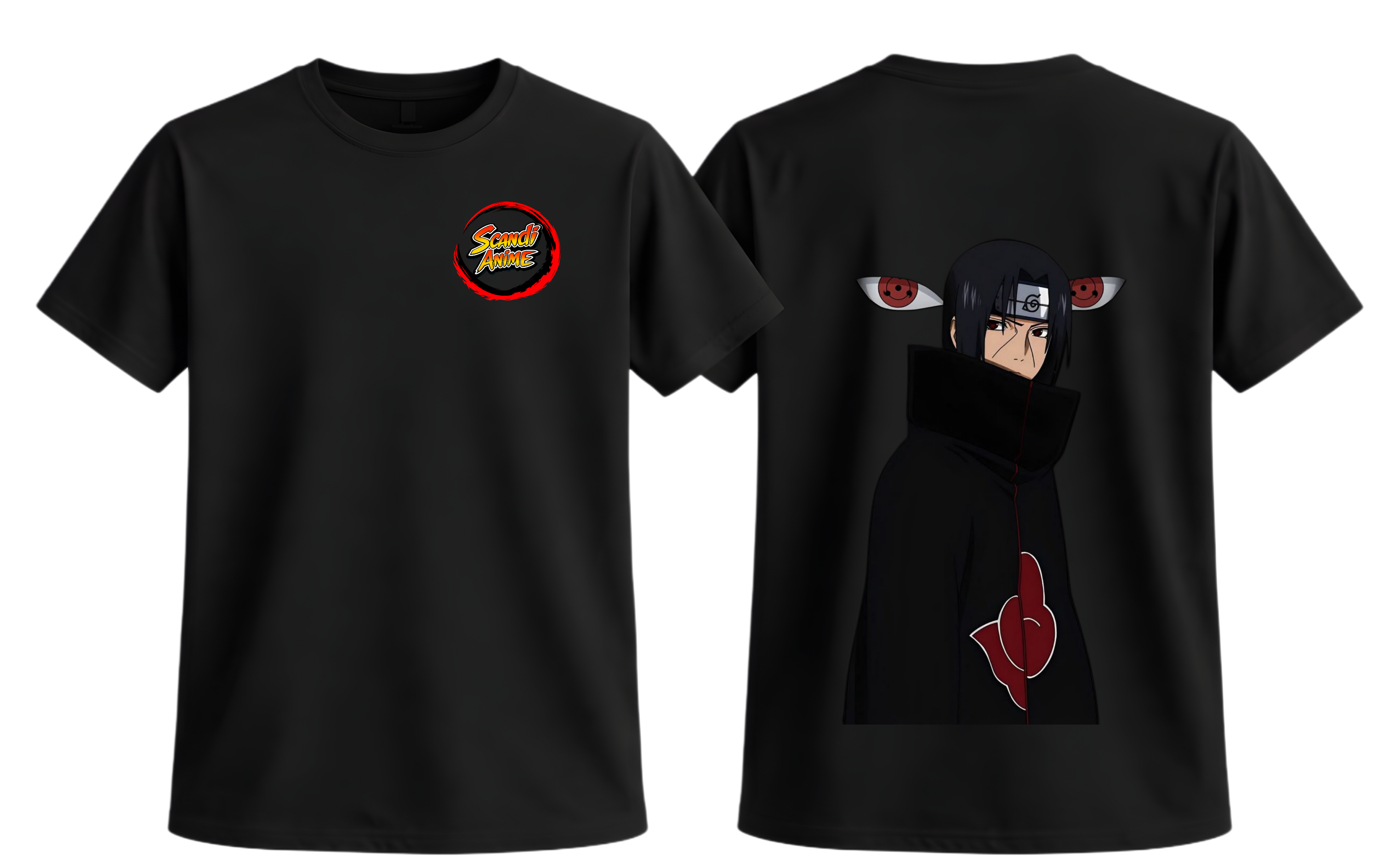 Black Itachi T-Shirt by ScandiAnime featuring a detailed graphic of the Naruto character Itachi Uchiha.