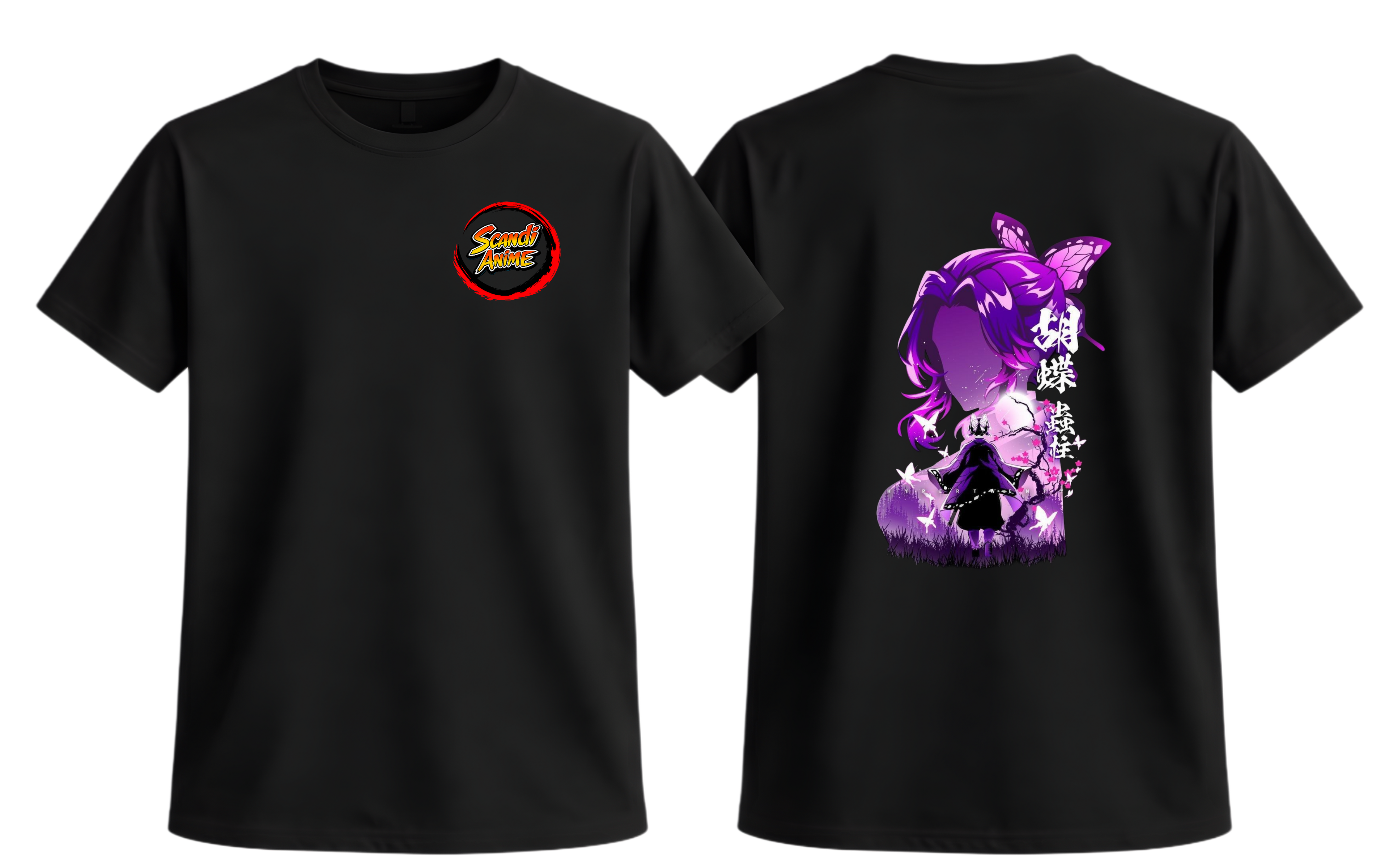 Black Shinobu Kocho T-Shirt from ScandiAnime featuring a detailed anime character graphic on the front.