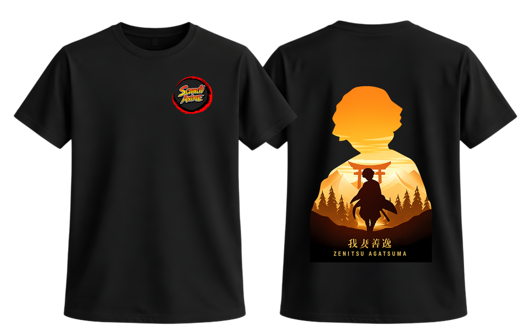 Black Zenitsu T-Shirt from ScandiAnime featuring a detailed graphic of Zenitsu from Demon Slayer.