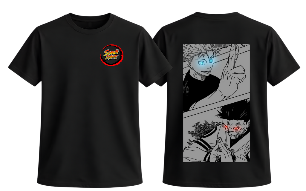 Black Gojo and Sukuna T-Shirt by ScandiAnime featuring detailed anime character graphics on the front.