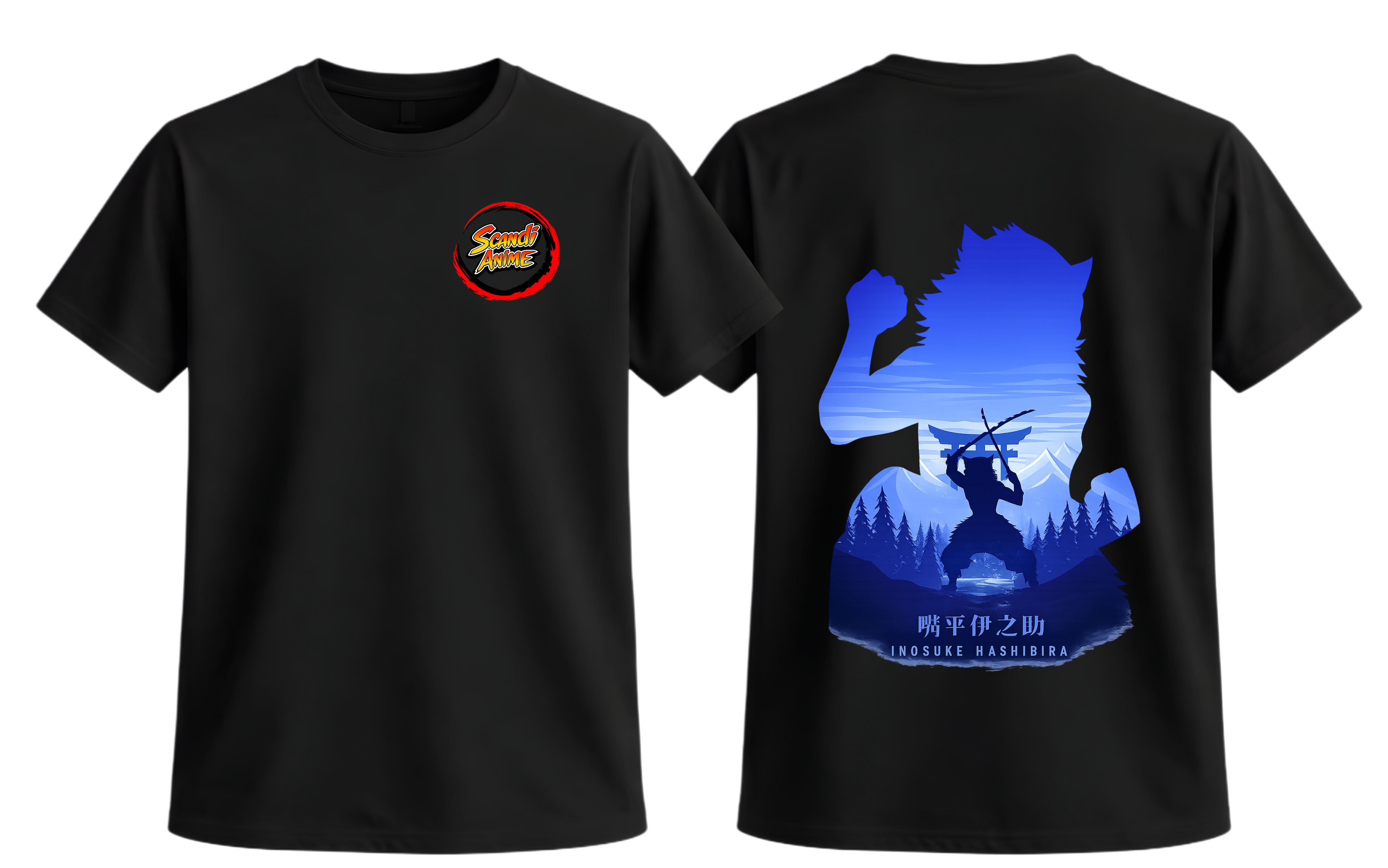 Black Inosuke T-Shirt from ScandiAnime featuring a graphic print of Inosuke from Demon Slayer on the front.