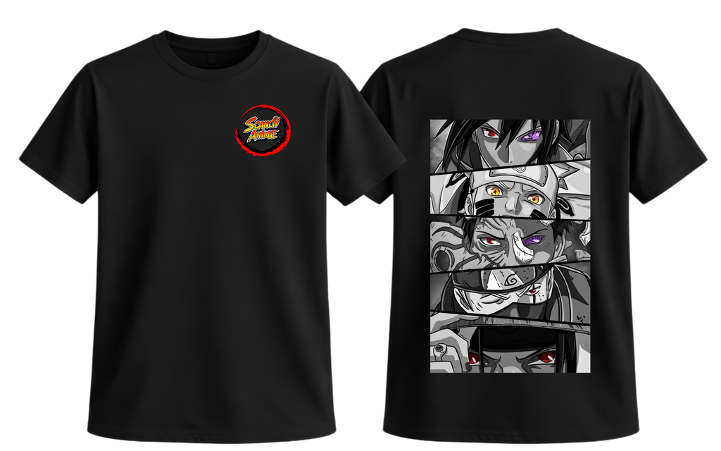 Black Naruto Shippuden T-Shirt by ScandiAnime featuring character artwork on the front, casual and comfortable fit.