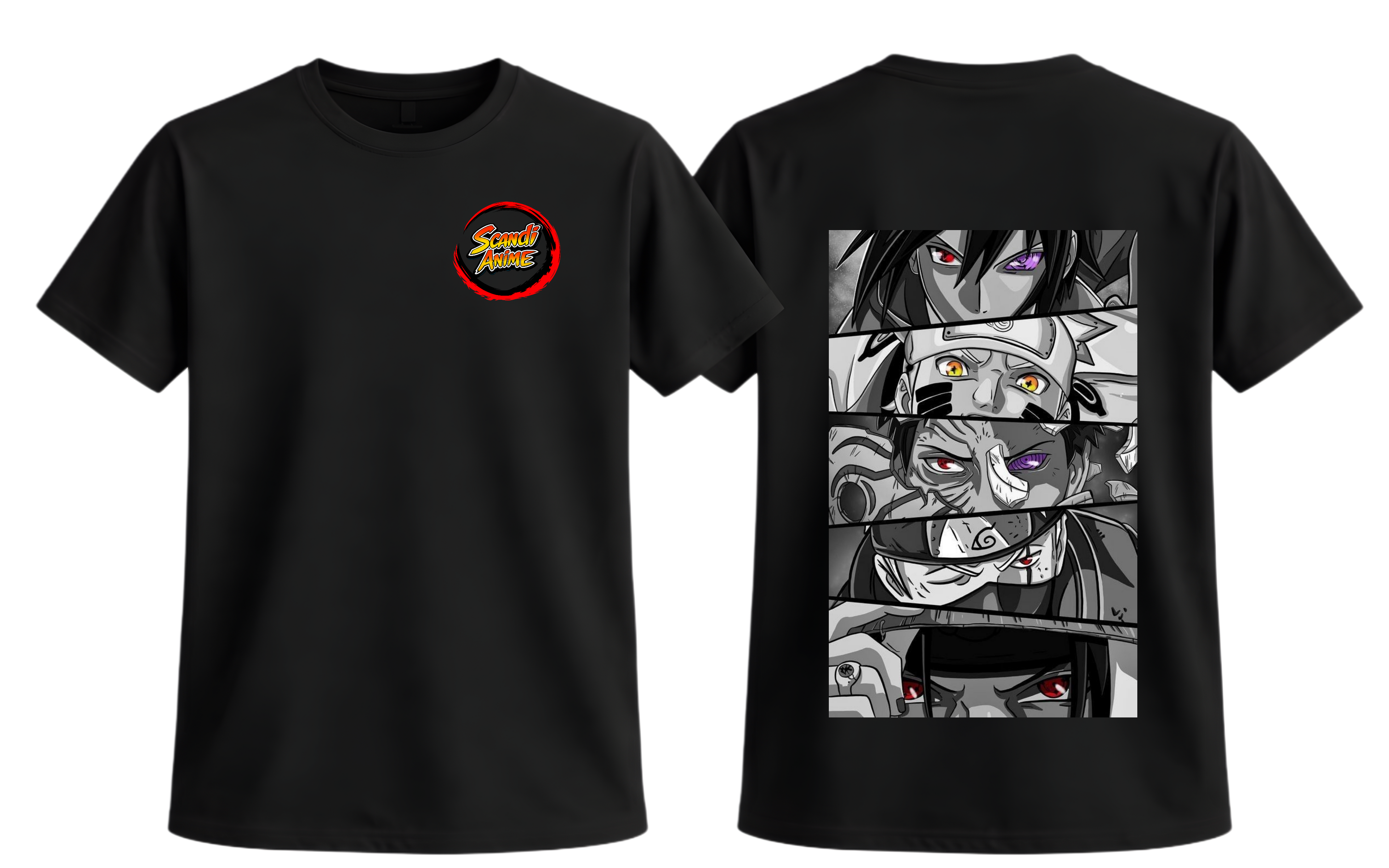 Black Naruto Shippuden T-Shirt by ScandiAnime featuring character artwork on the front, casual and comfortable fit.