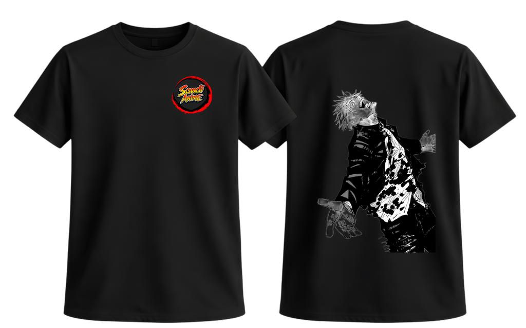 Black Gojo T-Shirt by ScandiAnime featuring a stylish graphic design, made from soft fabric for comfortable casual wear.
