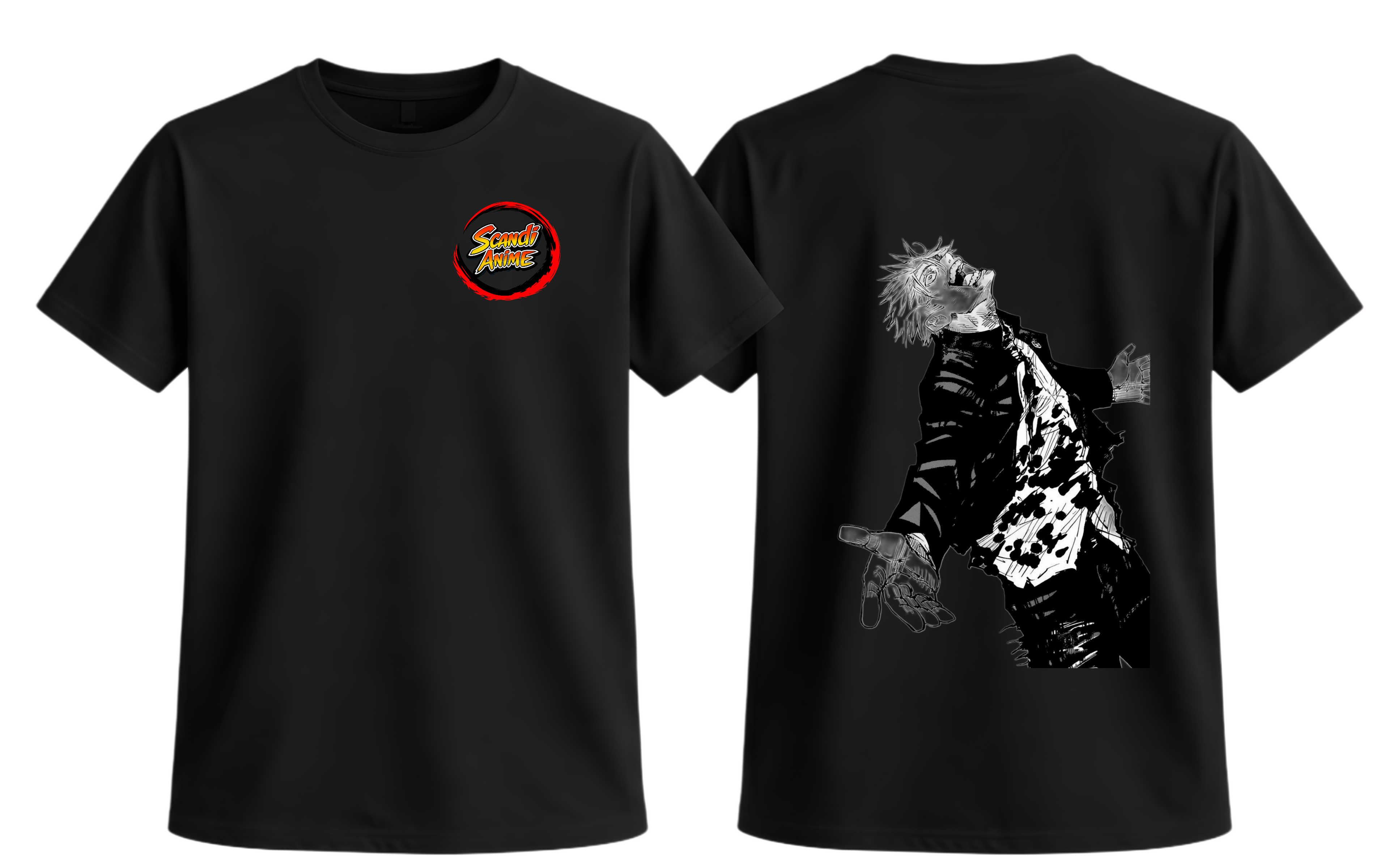 Black Gojo T-Shirt by ScandiAnime featuring a stylish graphic design, made from soft fabric for comfortable casual wear.