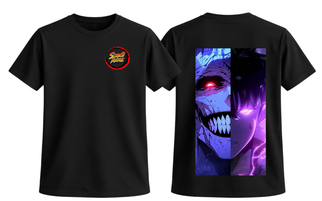 Black Sung Jinwoo T-Shirt by ScandiAnime with graphic design featuring the character from the anime series.
