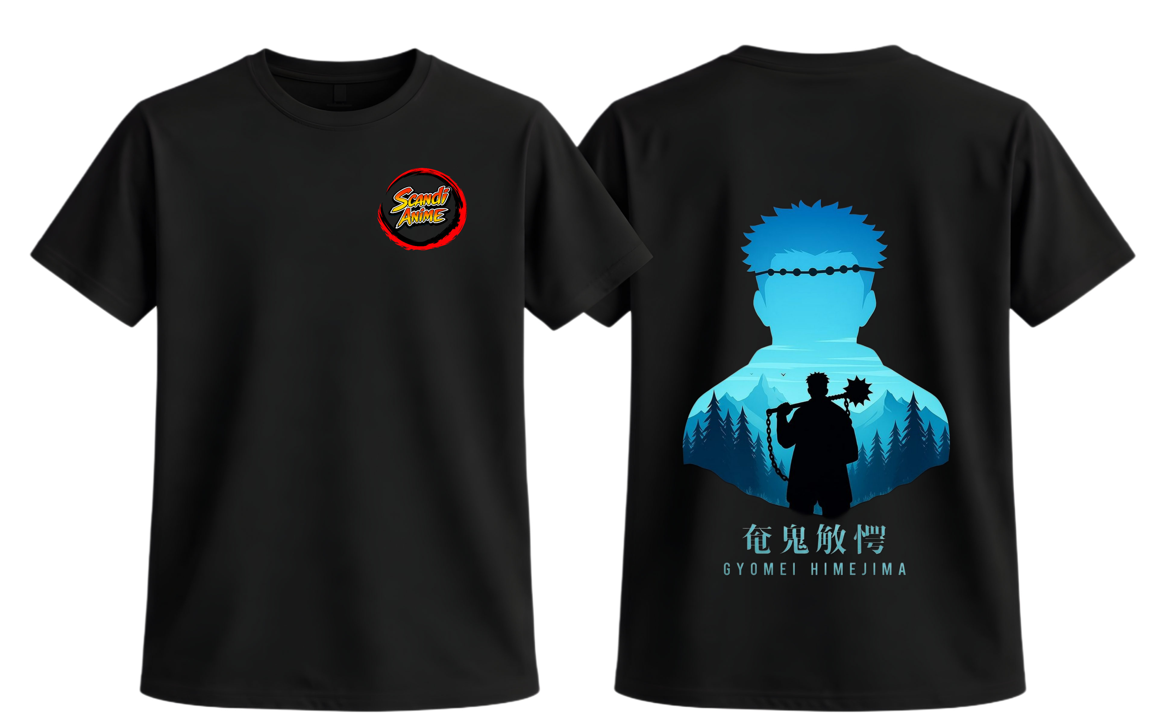 Black Gyomei T-Shirt from ScandiAnime featuring a bold graphic design on the front. Comfortable casual wear for fans.