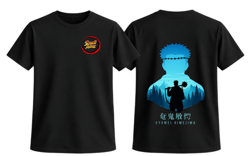 Black Gyomei T-Shirt from ScandiAnime featuring a bold graphic design on the front. Comfortable casual wear for fans.