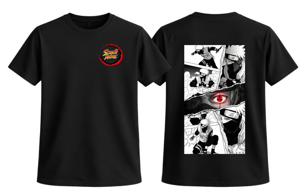 Black Kakashi T-Shirt from ScandiAnime featuring a detailed illustration of Kakashi Hatake from Naruto.