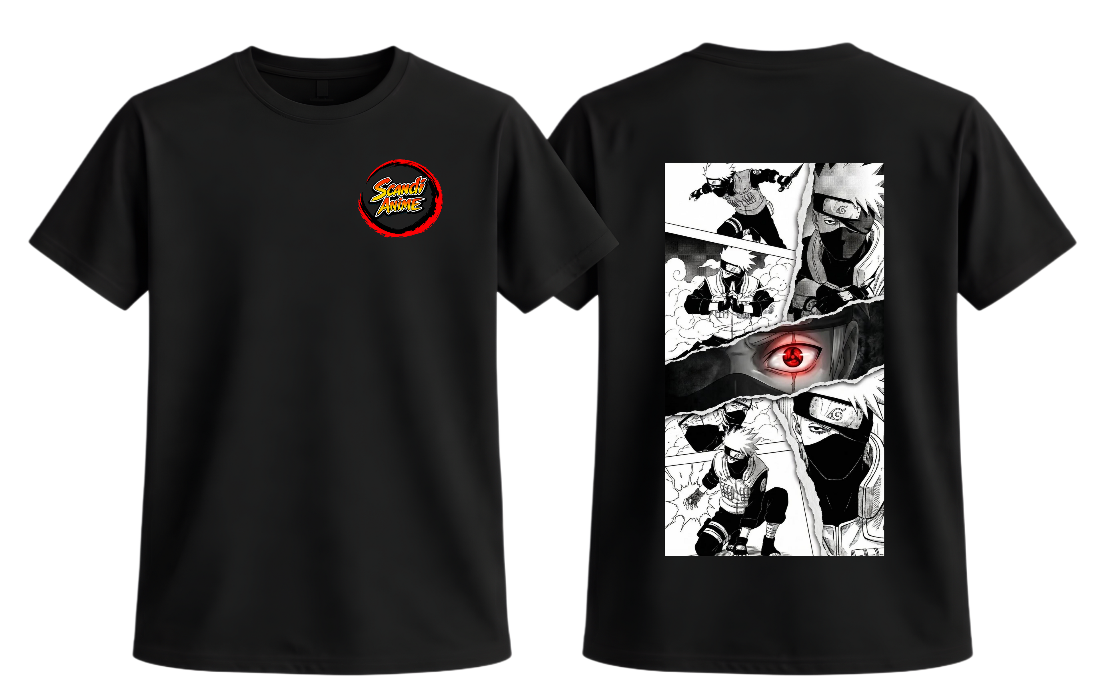 Black Kakashi T-Shirt from ScandiAnime featuring a detailed illustration of Kakashi Hatake from Naruto.