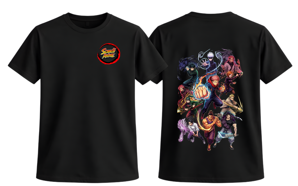 Black Jujutsu Kaisen T-Shirt by ScandiAnime featuring bold graphic design and manga-inspired artwork.