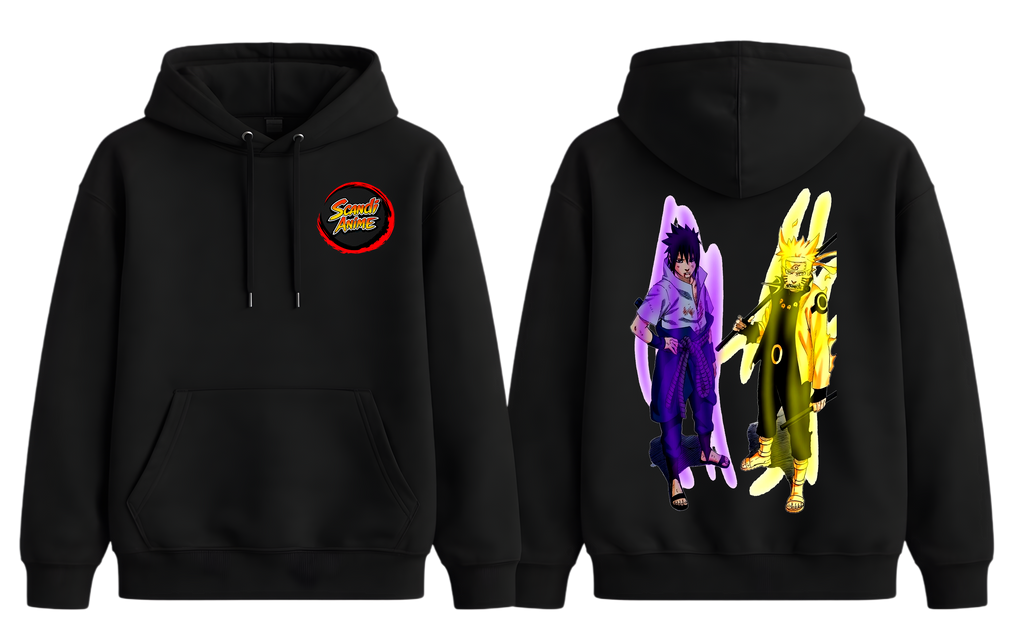 Black Naruto and Sasuke hoodie by ScandiAnime featuring anime character designs, comfortable casual wear for fans.