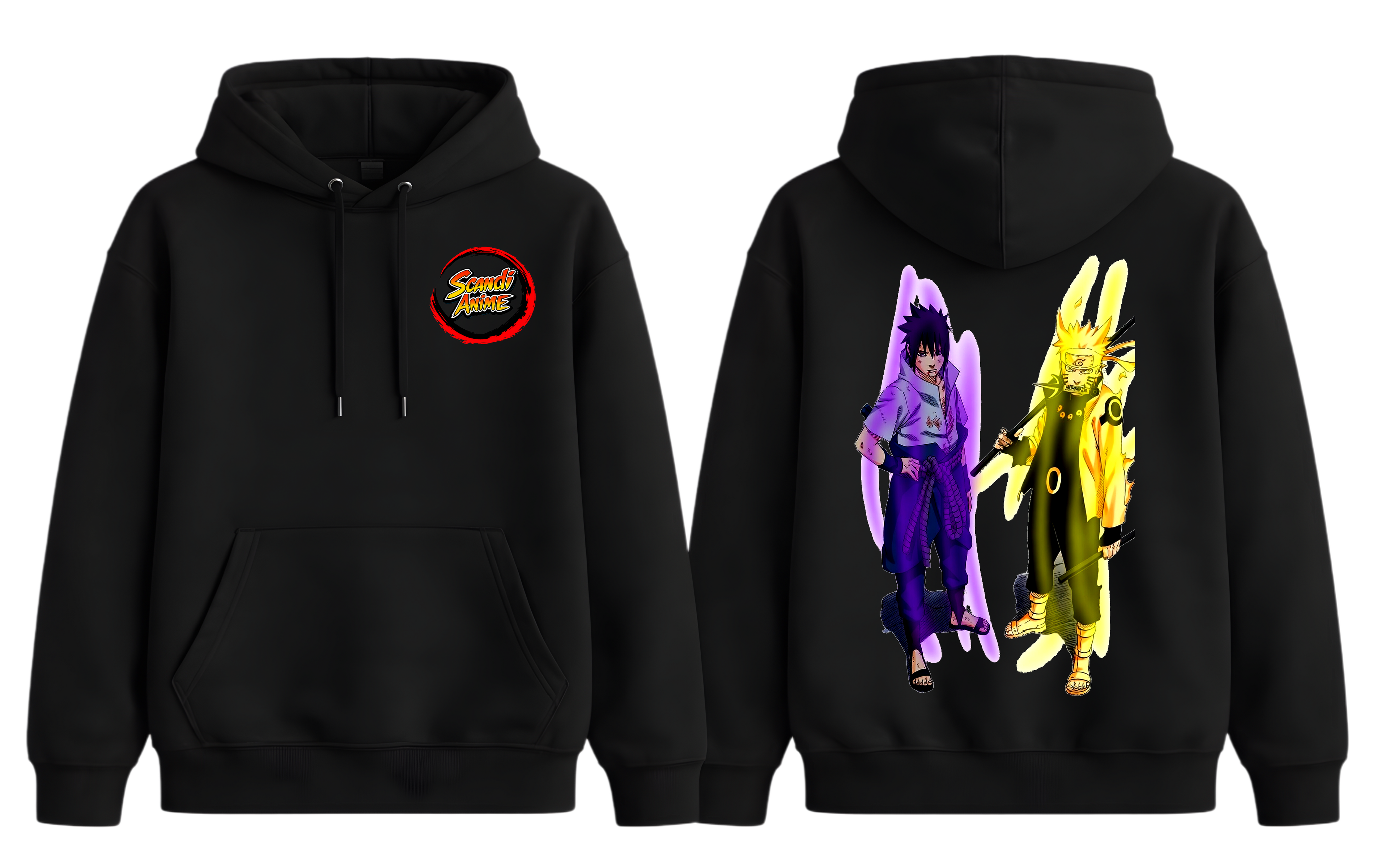 Black Naruto and Sasuke hoodie by ScandiAnime featuring anime character designs, comfortable casual wear for fans.