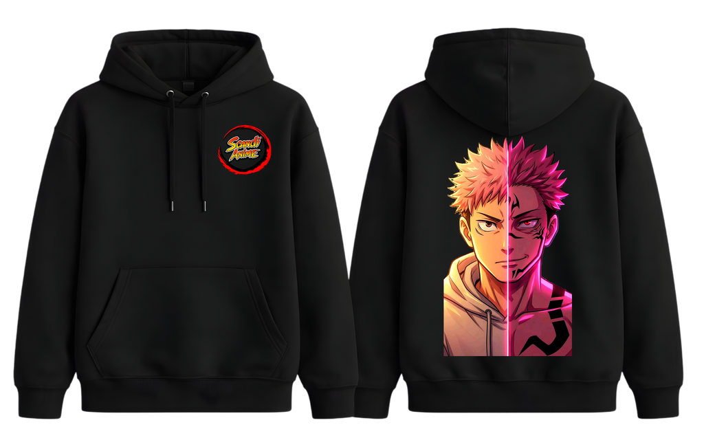 Black Yuji and Sukuna hoodie from ScandiAnime featuring detailed anime character artwork on the front.