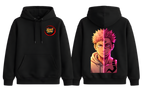 Black Yuji and Sukuna hoodie from ScandiAnime featuring detailed anime character artwork on the front.