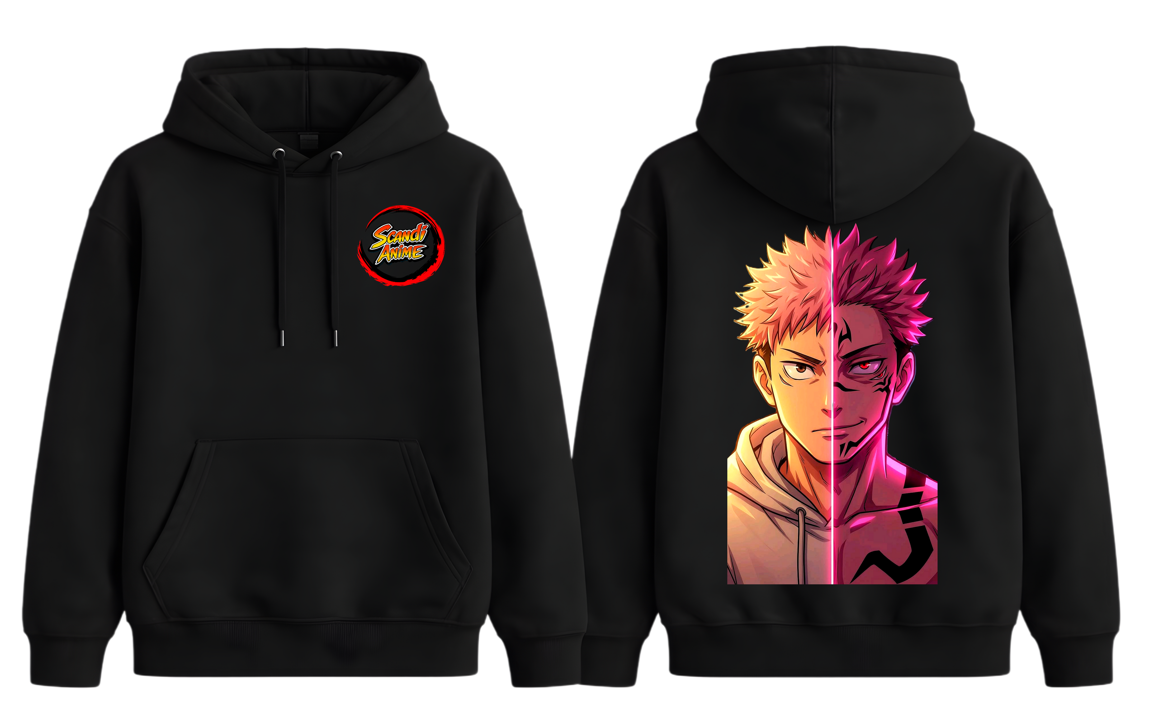 Black Yuji and Sukuna hoodie from ScandiAnime featuring detailed anime character artwork on the front.
