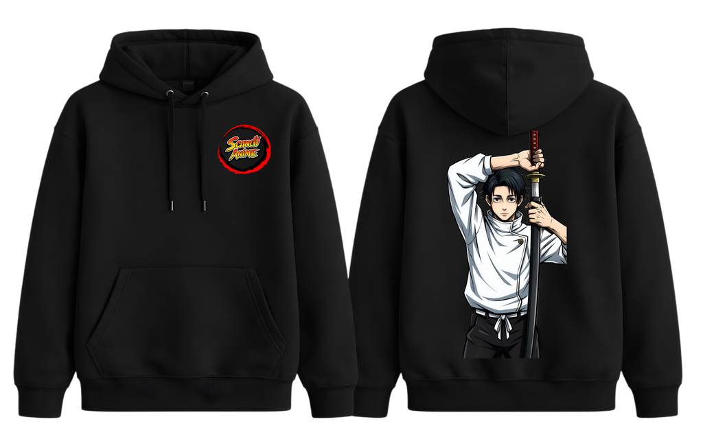 Black Yuta hoodie by ScandiAnime, showcasing a cozy, stylish hoodie with a front pocket and adjustable drawstrings.