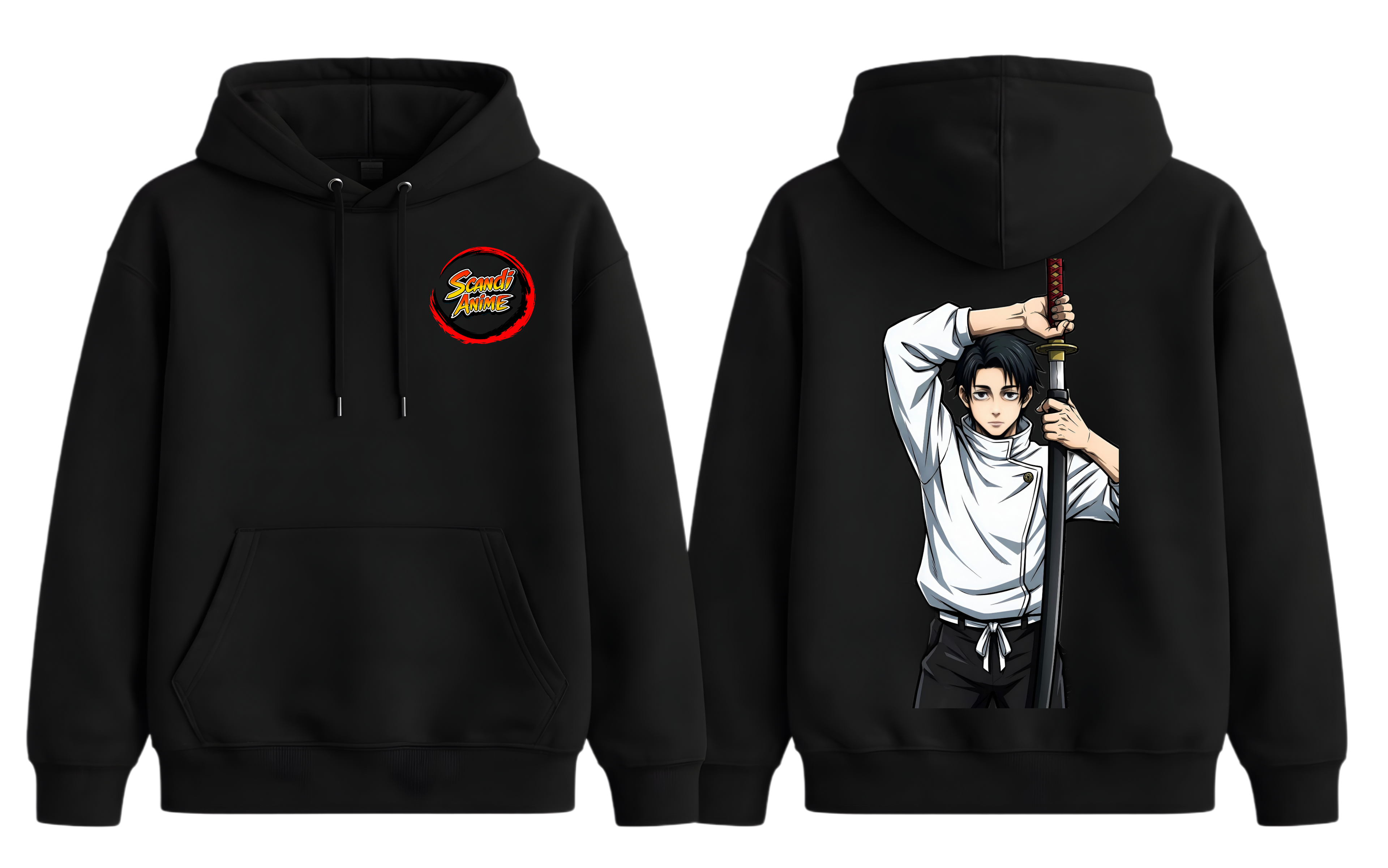 Black Yuta hoodie by ScandiAnime, showcasing a cozy, stylish hoodie with a front pocket and adjustable drawstrings.