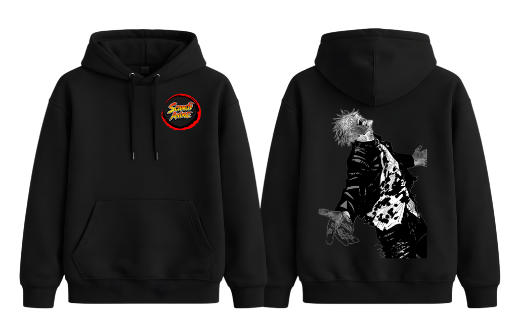 Black Gojo hoodie by ScandiAnime featuring a comfortable fit and detailed design, shown in this image.