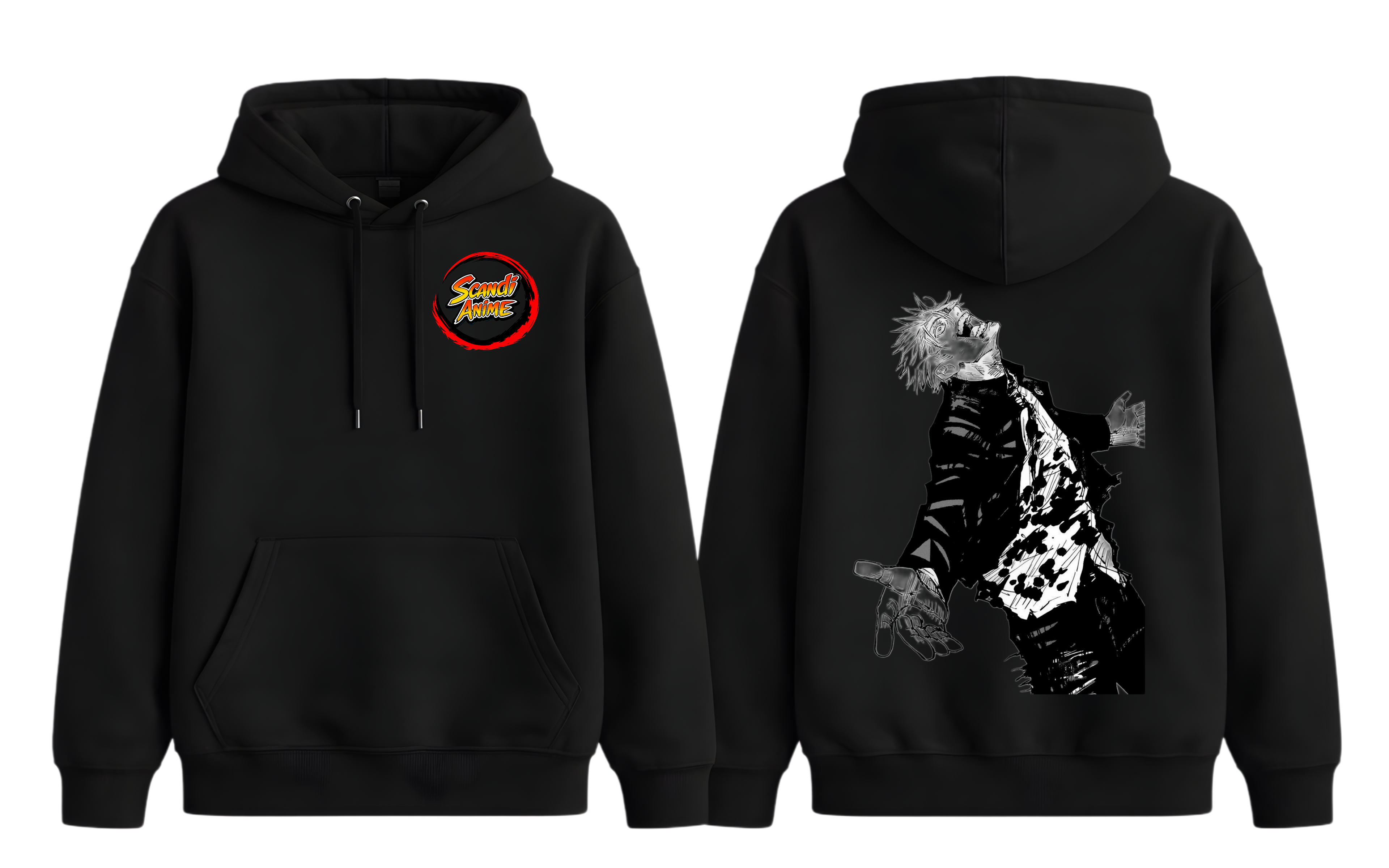 Black Gojo hoodie by ScandiAnime featuring a comfortable fit and detailed design, shown in this image.