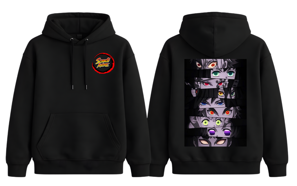Black Demon Slayer hoodie by ScandiAnime featuring detailed anime character graphics on the front.