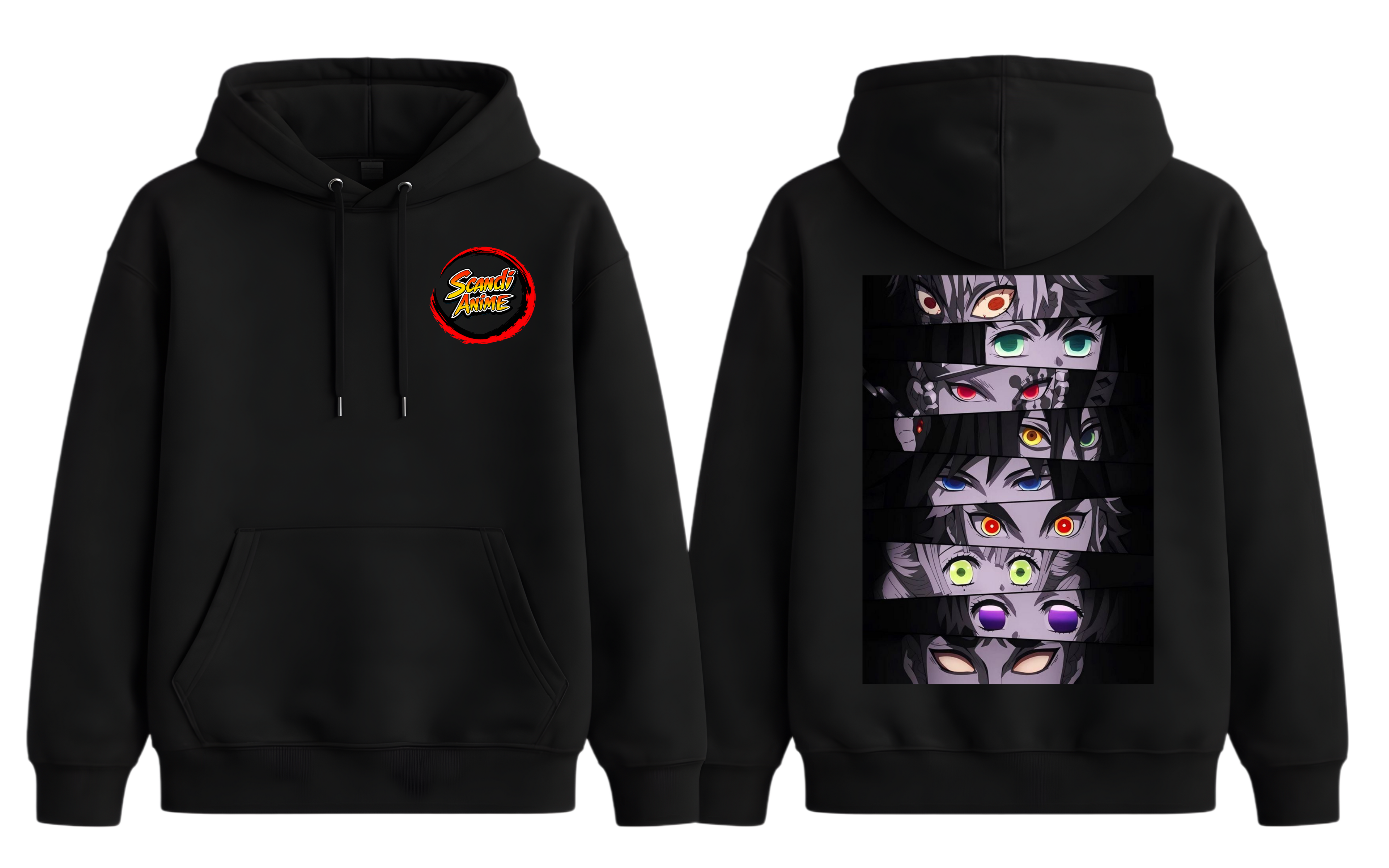 Black Demon Slayer hoodie by ScandiAnime featuring detailed anime character graphics on the front.