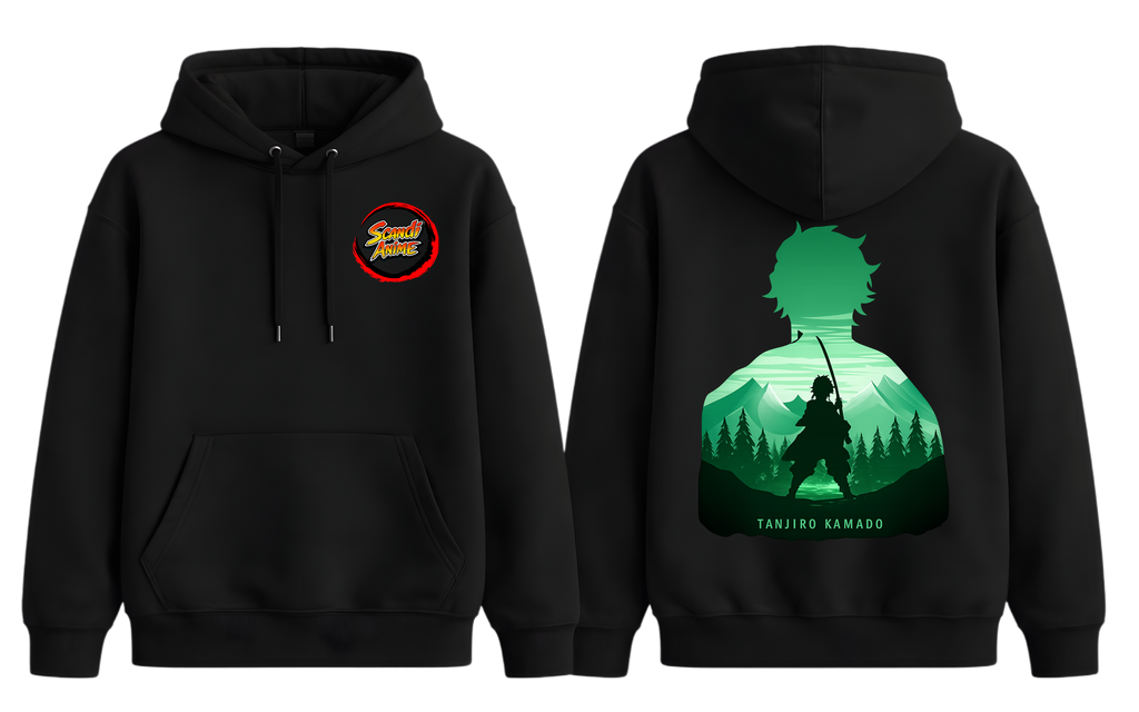 Black Tanjiro hoodie from ScandiAnime featuring a front print of Tanjiro Kamado from Demon Slayer, casual and comfortable streetwear.
