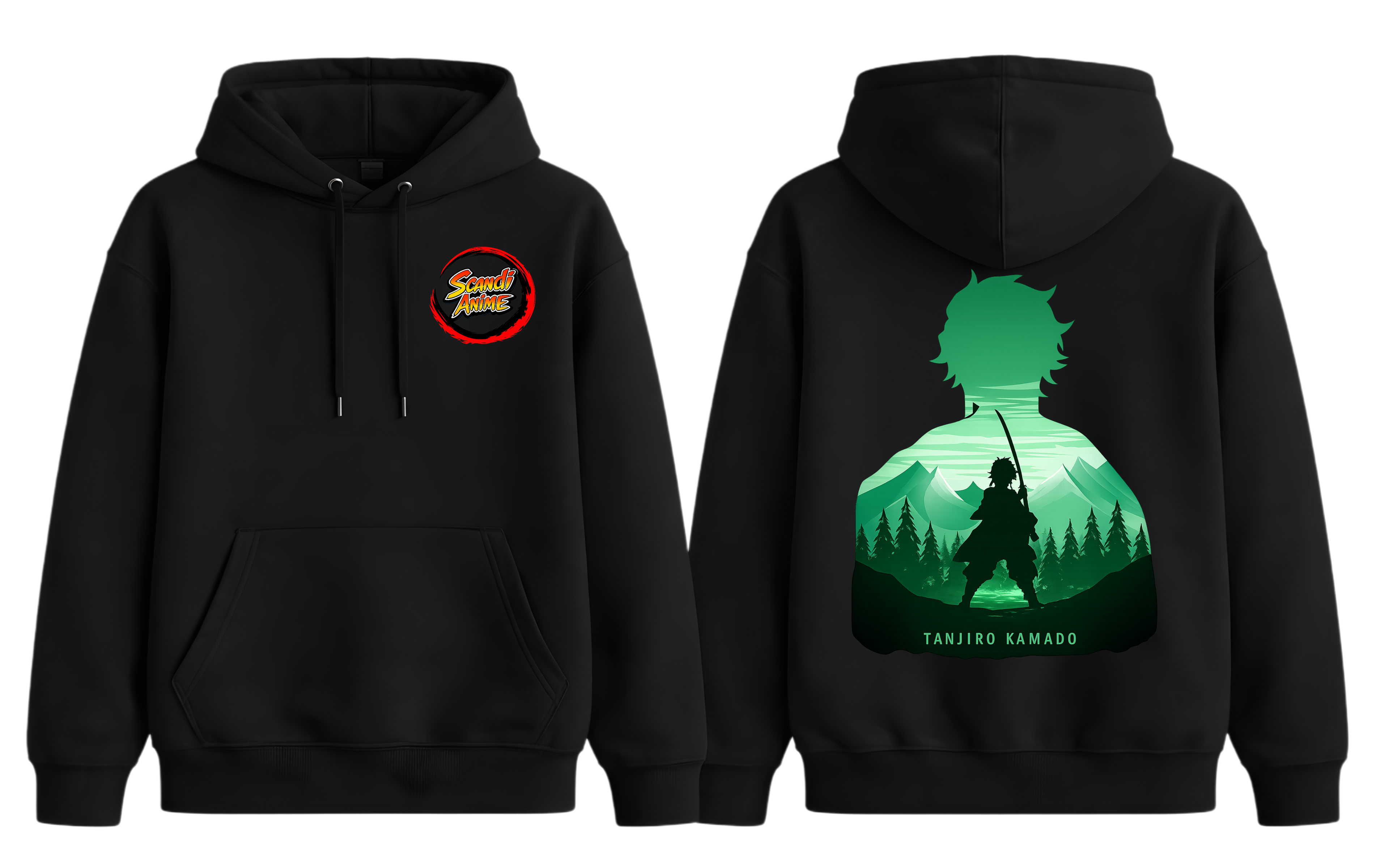 Black Tanjiro hoodie from ScandiAnime featuring a front print of Tanjiro Kamado from Demon Slayer, casual and comfortable streetwear.