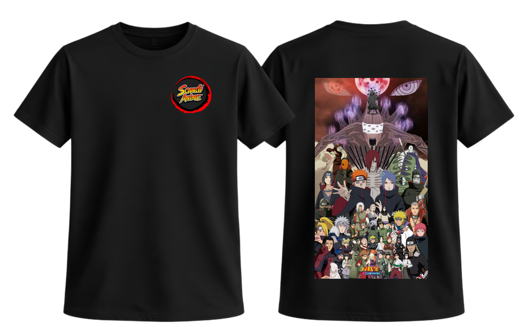Black Naruto Shippuden T-shirt by ScandiAnime featuring a graphic design of Naruto in action.