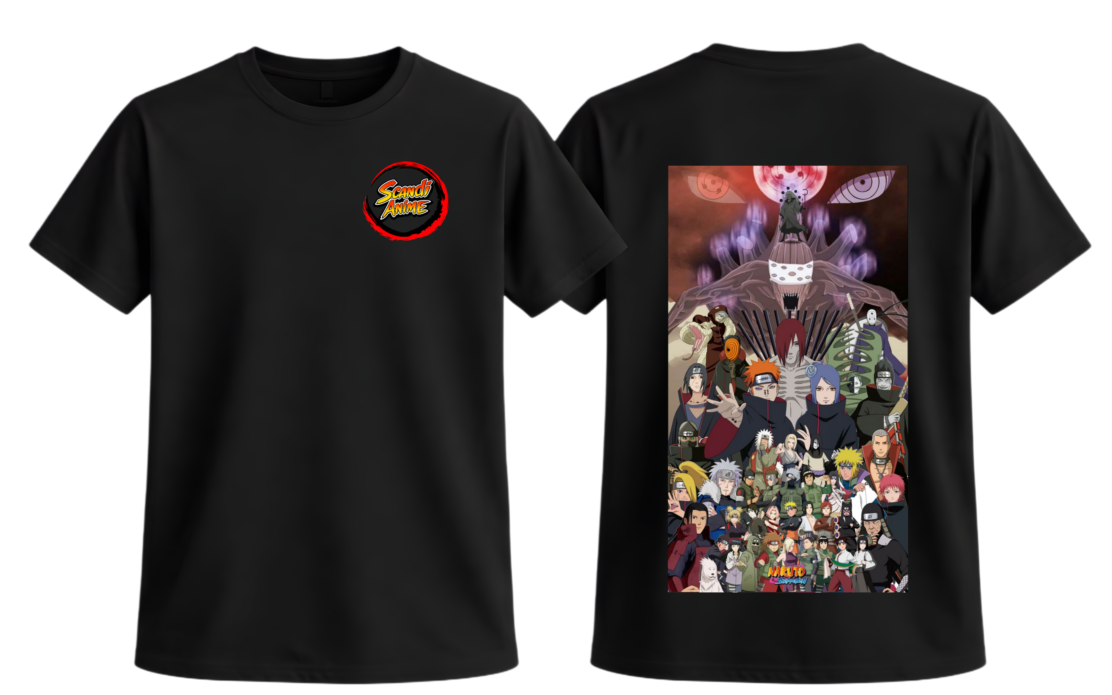 Black Naruto Shippuden T-shirt by ScandiAnime featuring a graphic design of Naruto in action.
