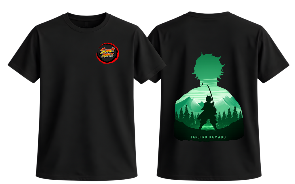 Black Tanjiro T-shirt by ScandiAnime featuring a detailed anime character illustration on front.