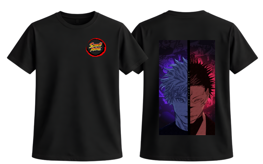 Black Gojo and Sukuna T-shirt from ScandiAnime featuring detailed character illustrations on comfortable fabric.