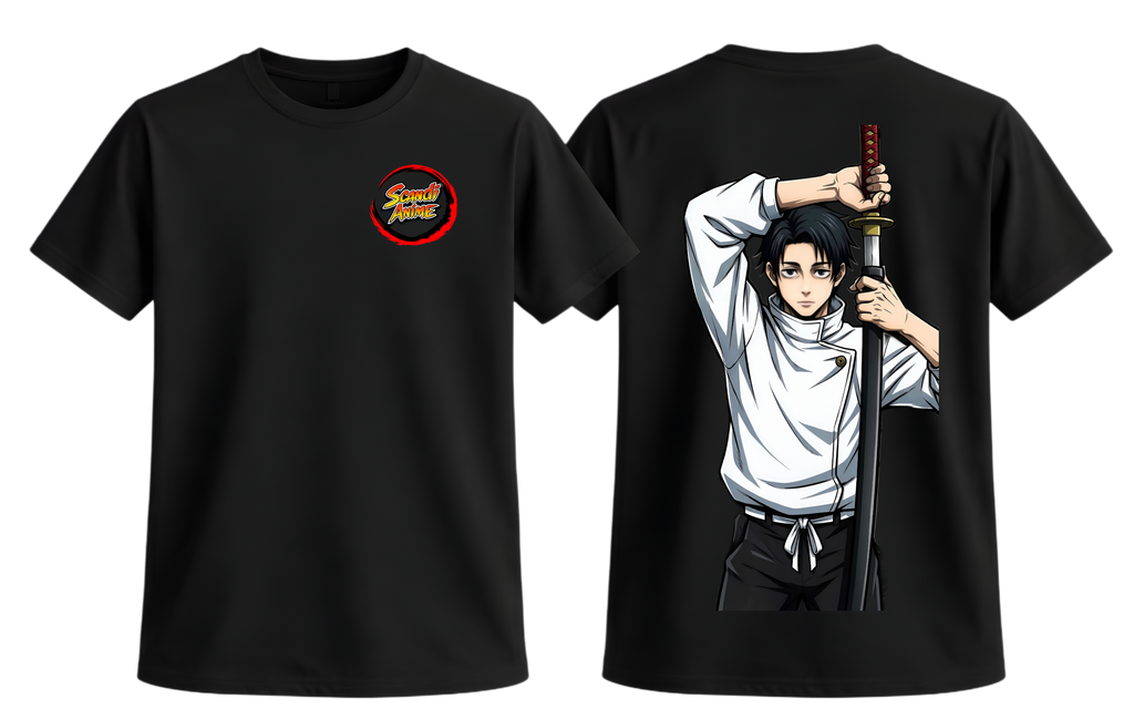 Black Yuta T-Shirt by ScandiAnime, casual men's tee with a graphic design, made from soft fabric for comfortable wear.