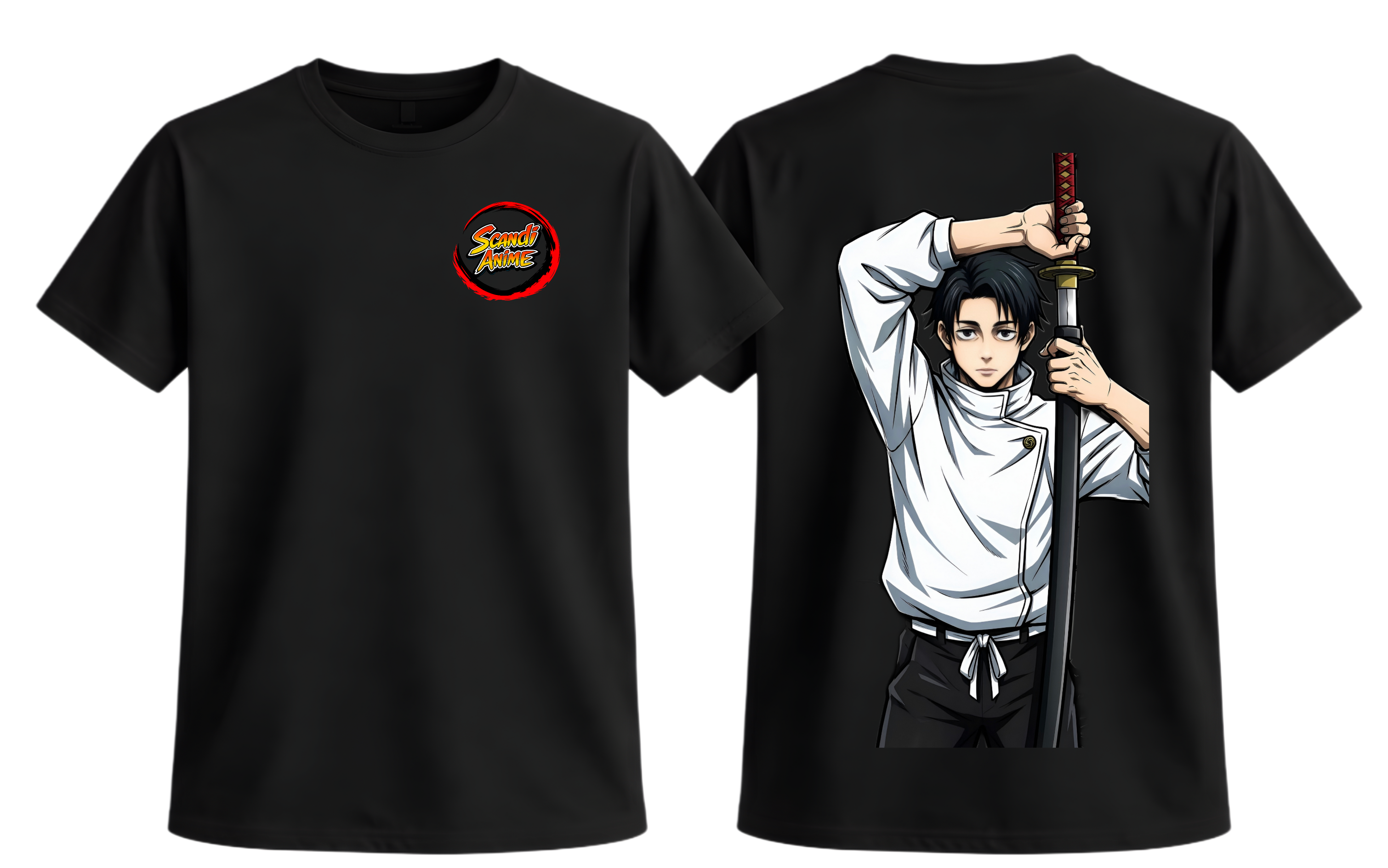 Black Yuta T-Shirt by ScandiAnime, casual men's tee with a graphic design, made from soft fabric for comfortable wear.