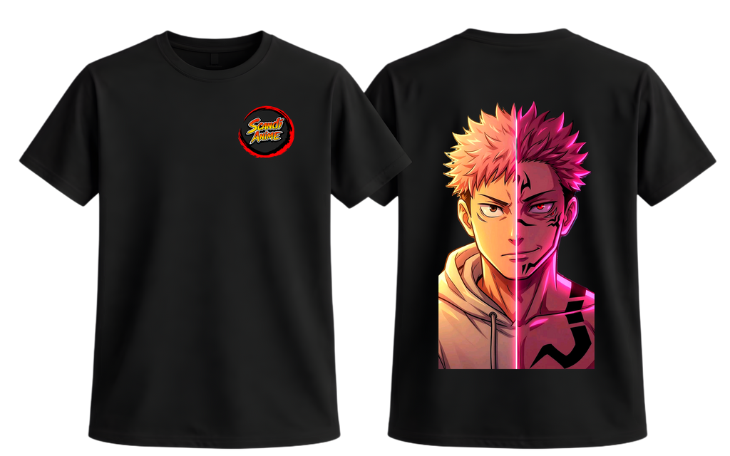 Black Yuji and Sukuna T-shirt by ScandiAnime featuring detailed graphic of characters from the anime series.