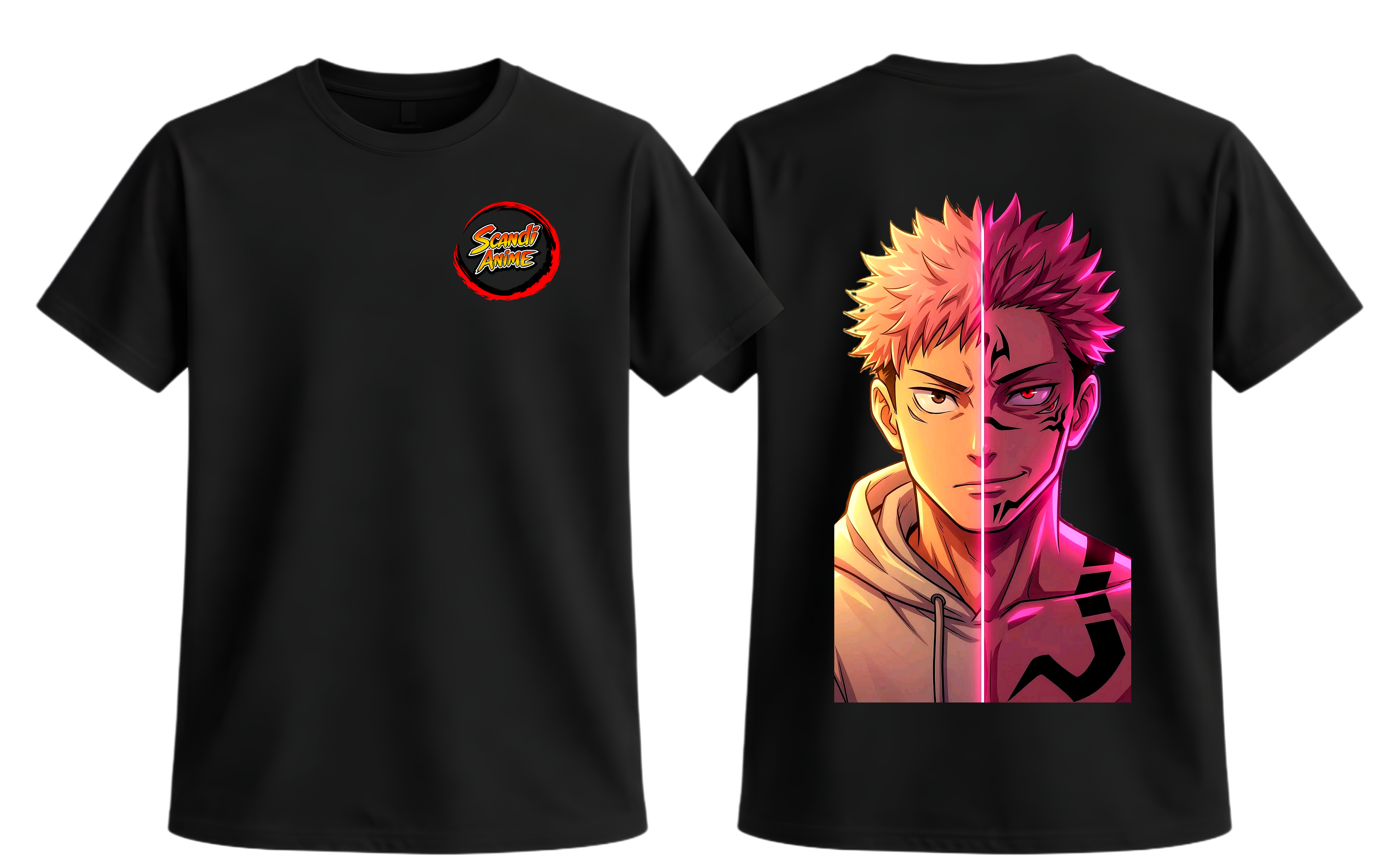 Black Yuji and Sukuna T-shirt by ScandiAnime featuring detailed graphic of characters from the anime series.