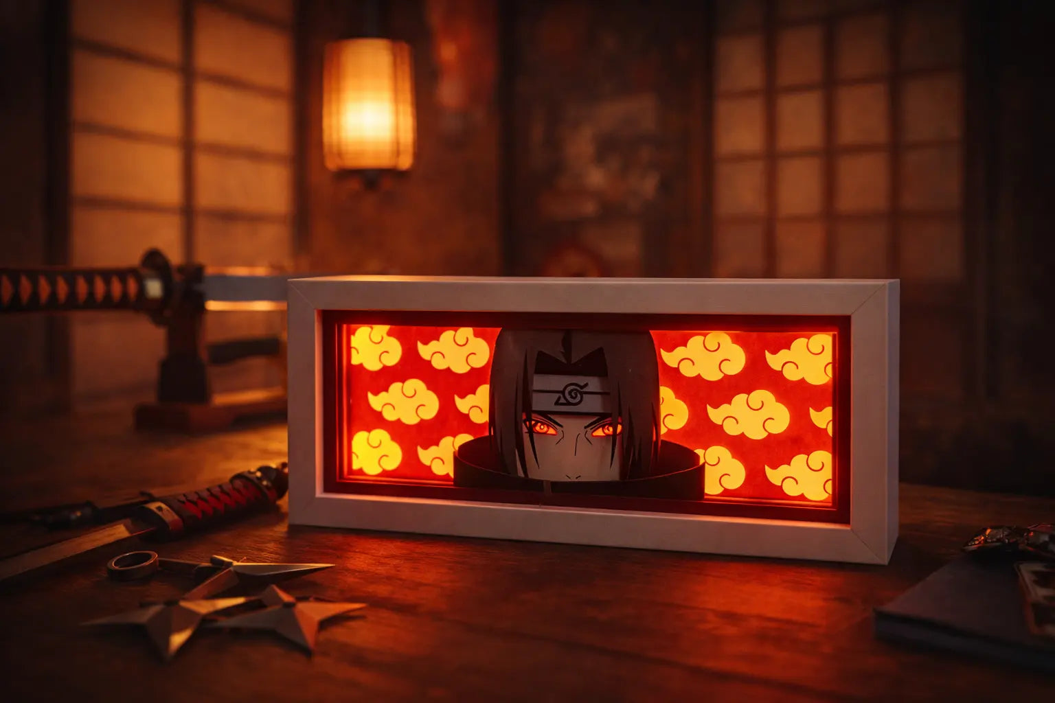 Itachi Uchiha Aura Lamp by ScandiAnime featuring a detailed lamp with Itachi Uchiha's iconic aura design and dark color scheme.