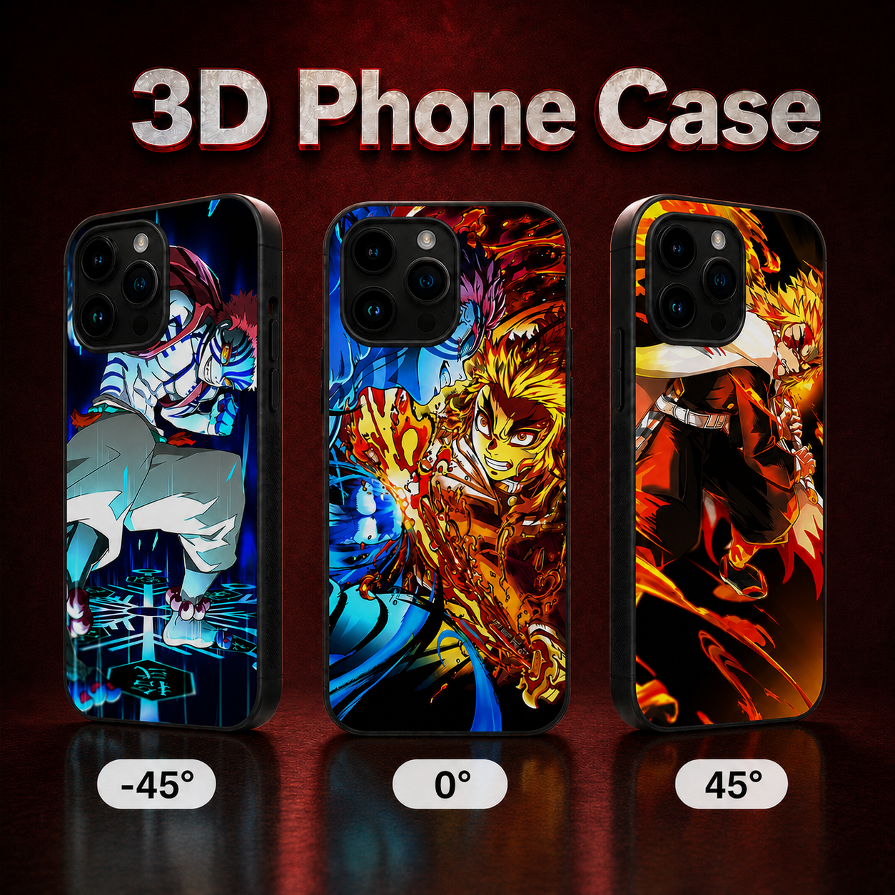 Three 3D phone cases with different angles displayed on a dark background. demon slayer