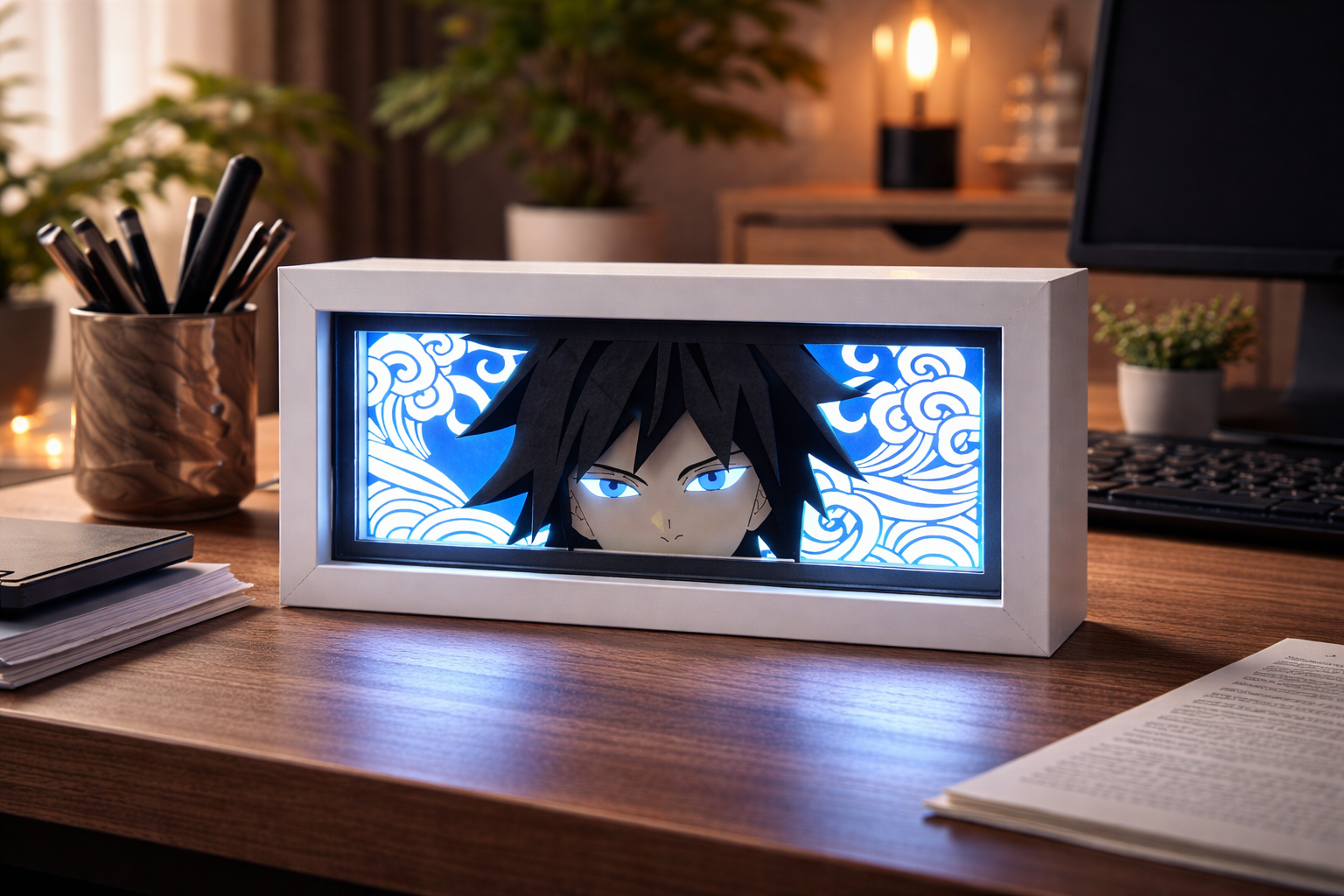 ScandiAnime Giyu Tomioka Aura Lamp emitting a blue glow, featuring detailed character design from the anime series.