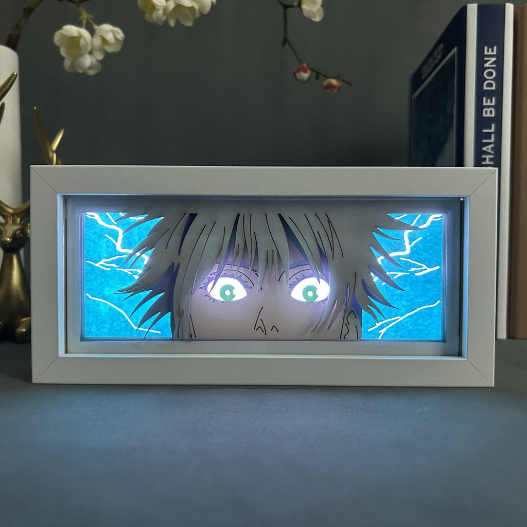 Satoru Gojo Aura Lamp by ScandiAnime, featuring a vibrant illuminated figure of Gojo Satoru from Jujutsu Kaisen.