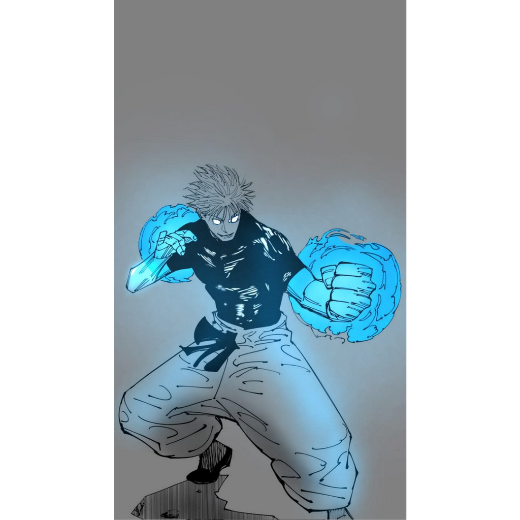 Illustration of a character with glowing blue energy fists on a gray background