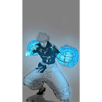 Illustration of a character with glowing blue energy fists on a gray background