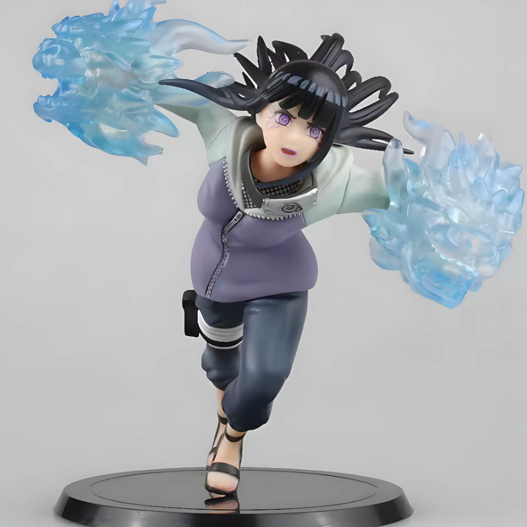 Figurine of a character with black hair and purple outfit, surrounded by blue energy on a gray background Hinata