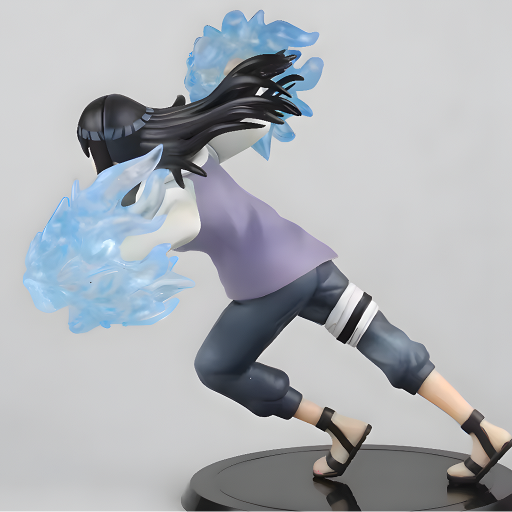 Figurine of a character with black hair and blue energy effects on a gray. Hinatabackground